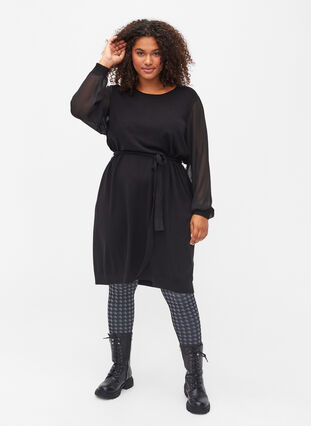 Strikket kjole med transparente ærmer, Black, Model image number 2