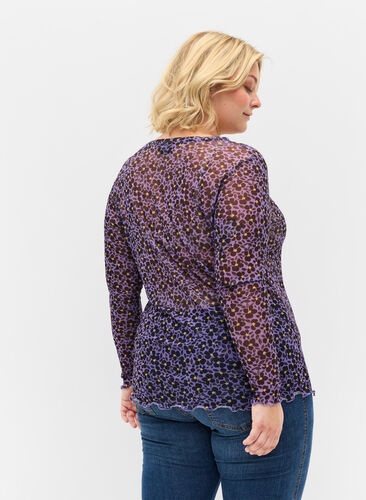 Tætsiddende mesh bluse med blomstermønster, Purple AOP, Model image number 1