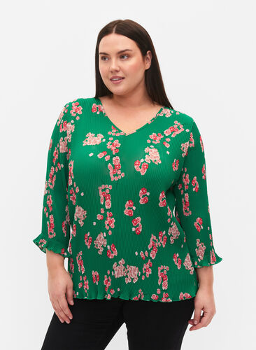 Plisseret bluse med 3/4 ærmer, Jolly Green Flower, Model image number 0