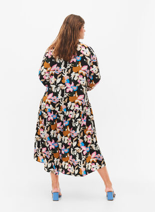 Midikjole med lange ærmer, Black Multi Flower, Model image number 1