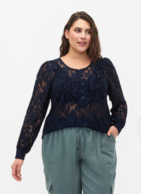 Blondebluse med flæsedetalje, Navy, Model