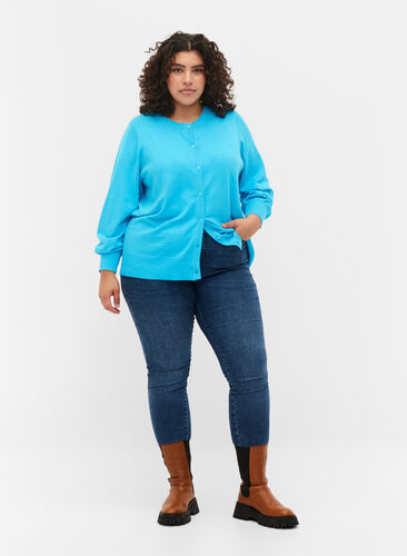 Ribbet cardigan med knaplukning, River Blue, Model image number 2