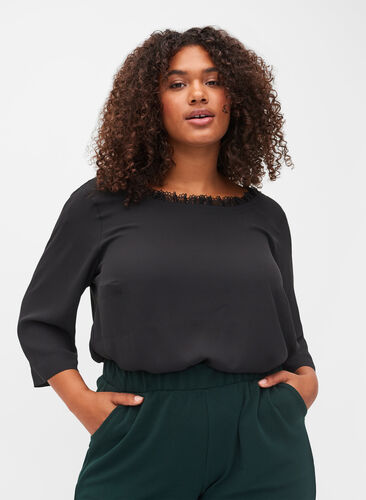 Bluse med 3/4 ærmer og blonderyg, Black, Model image number 0
