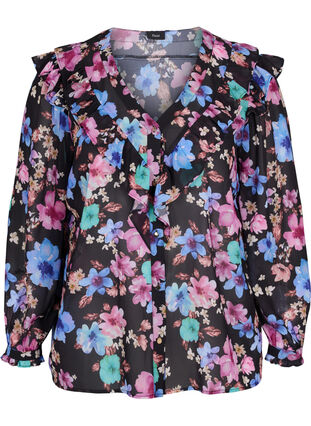 Blomstret bluse med flæsedetaljer, Bright Fall Print, Packshot image number 0