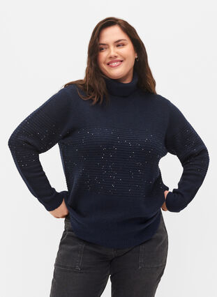 Strikbluse med rullekrave og pailletter, Navy Blazer, Model image number 0