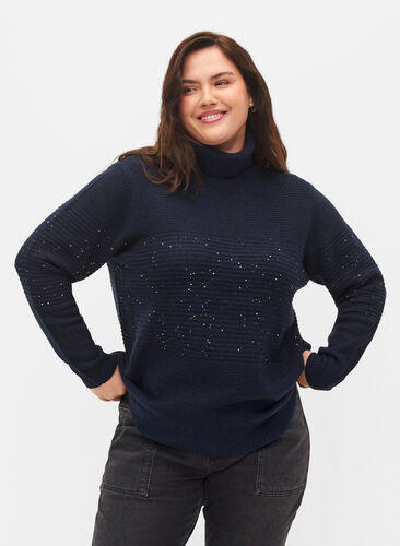 Strikbluse med rullekrave og pailletter, Navy Blazer, Model image number 0