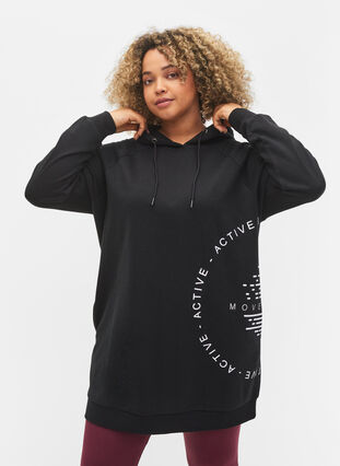 Lang sweatshirt med hætte og printdetaljer, Black w. Logo Print, Model image number 0