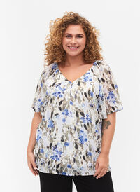 Printet bluse med korte ærmer, Blue Flower AOP, Model