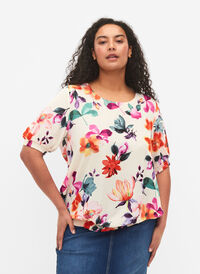 Blomstret bluse med smock, Buttercream Flower , Model