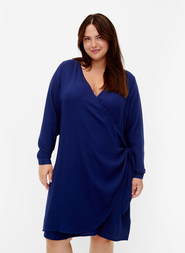 Langærmet kjole i viskose med wrap-look, Medieval Blue, Model image number 0