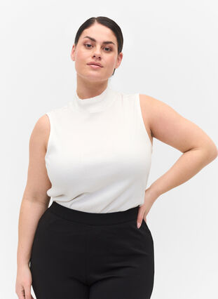 Højhalset bomulds top med ribstruktur, Bright White, Model image number 0