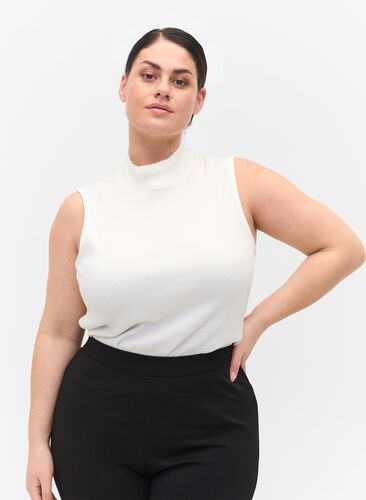 Højhalset bomulds top med ribstruktur, Bright White, Model image number 0