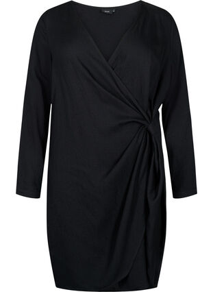Langærmet kjole i viskose med wrap-look, Black, Packshot image number 0