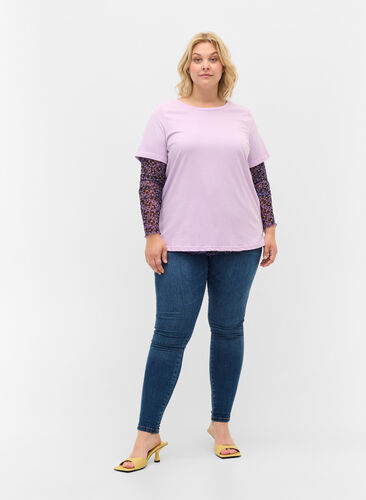 Tætsiddende mesh bluse med blomstermønster, Purple AOP, Model image number 2