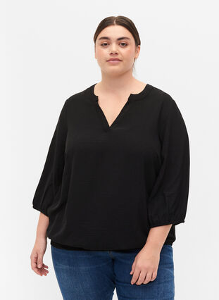 Bluse med smock og 3/4 ærmer, Black, Model image number 0