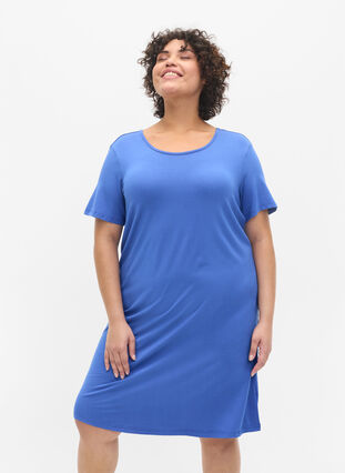 Kortærmet viskose kjole med rygdetalje, Dazzling Blue, Model image number 0
