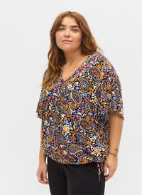 Paisley bluse med slå-om effekt og korte ærmer, Black G. Sky Paisley, Model