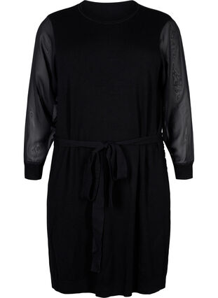 Strikket kjole med transparente ærmer, Black, Packshot image number 0