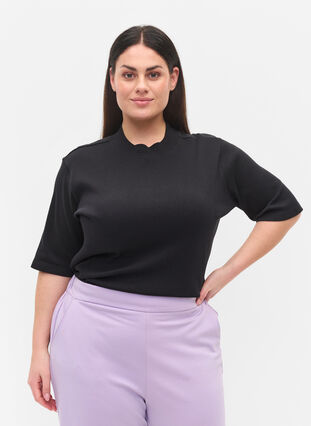 Højhalset bomuldsbluse med 2/4 ærmer, Black, Model image number 0