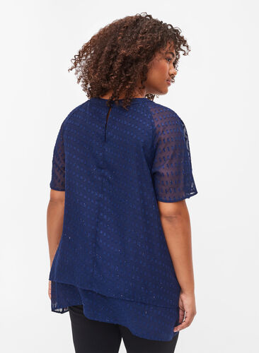 Bluse med 2/4 ærmer i mønstret chiffon, Evening Blue, Model image number 1