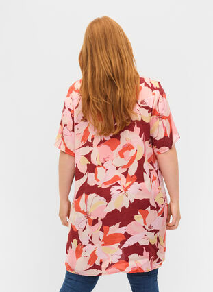 Blomstret viskose tunika med korte ærmer, Bordeaux Flower AOP, Model image number 1