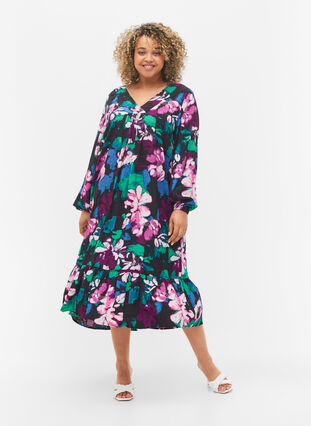 Blomstret midikjole med lange ærmer i viskose, Black Flower AOP, Model image number 2