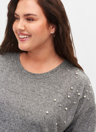 Langærmet bluse med perledetalje, Medium Grey Melange, Model image number 2