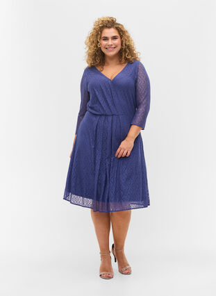 Blondekjole med v-hals og 3/4 ærmer, Deep Cobalt, Model image number 2