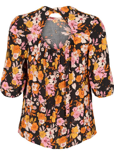 Blomstret viskose bluse med rygdetalje , Black Flower AOP, Packshot image number 1