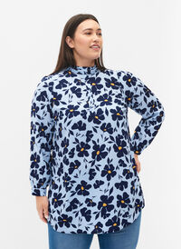 Langærmet tunika med flæsekrave, Flower AOP, Model