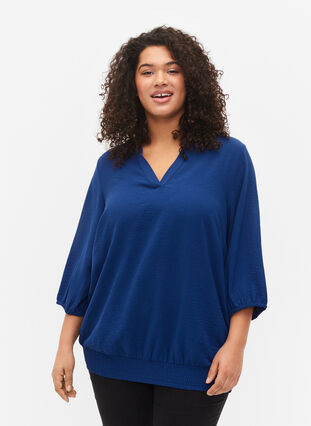 Bluse med smock og 3/4 ærmer, Blue Depths, Model image number 0