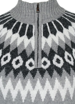 Jacquardmønstret strikbluse med høj hals og lynlås, Dark Grey Mel. Comb, Packshot image number 2