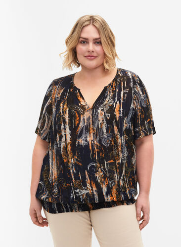 Kortærmet bluse i viskose med smock, Navy Blazer AOP, Model image number 0