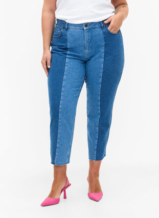 Cropped Vera jeans med colorblock, Blue denim, Model image number 3