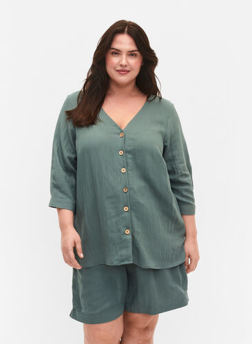 Viskose bluse knapper v-hals - Grøn - Str. 42-60 -