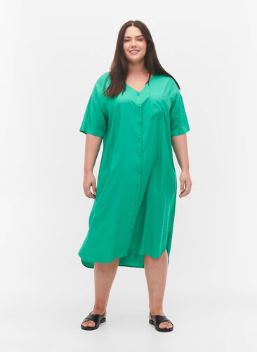 Kortærmet skjortekjole i viskose , Holly Green, Model image number 2