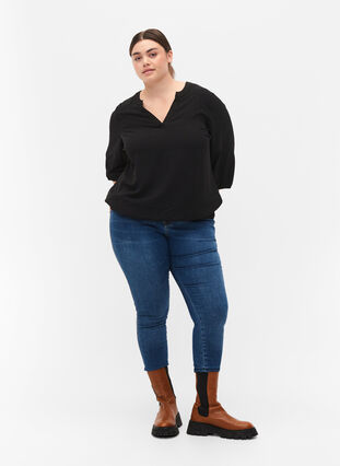 Bluse med smock og 3/4 ærmer, Black, Model image number 2