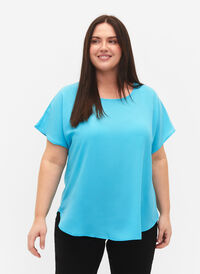 Bluse med korte ærmer og rund halsudskæring, Blue Atoll, Model