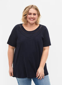 Bomulds t-shirt med blondebånd, Navy Blazer, Model