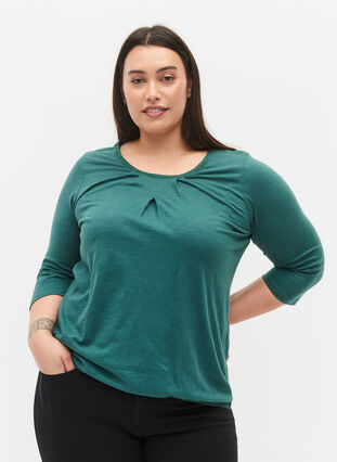 Bomuldsbluse med 3/4 ærmer, Mallard Green, Model image number 0