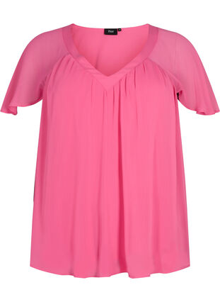 Ensfarvet bluse med flagermusærmer og v-hals, Shocking Pink, Packshot image number 0