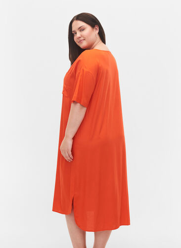 Kortærmet skjortekjole i viskose , Mandarin Red, Model image number 1