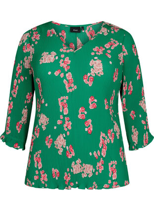 Plisseret bluse med 3/4 ærmer, Jolly Green Flower, Packshot image number 0