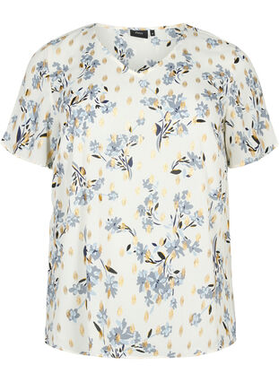 Bluse med print og lurex, White Flower/Gold, Packshot image number 0
