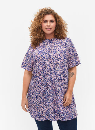 FLASH - Printet tunika med korte ærmer, Strong Blue Flower, Model image number 0