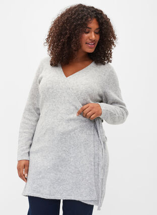 Meleret strik cardigan med wrap, Light Grey Melange, Model image number 0