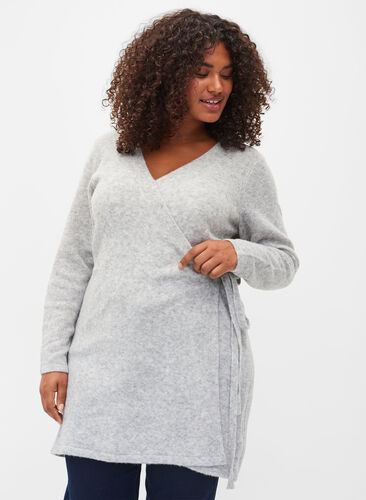 Meleret strik cardigan med wrap, Light Grey Melange, Model image number 0