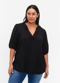 Viskosebluse med pufærmer og flæser, Black, Model