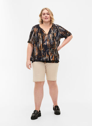 Kortærmet bluse i viskose med smock, Navy Blazer AOP, Model image number 2