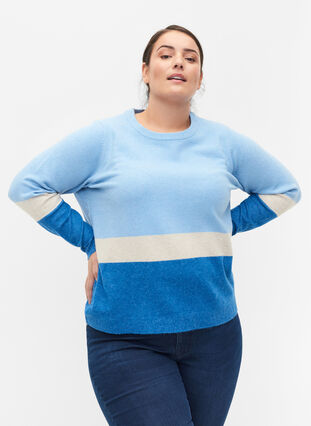 Stribet strikbluse med rund hals, Skydiver Comb, Model image number 0